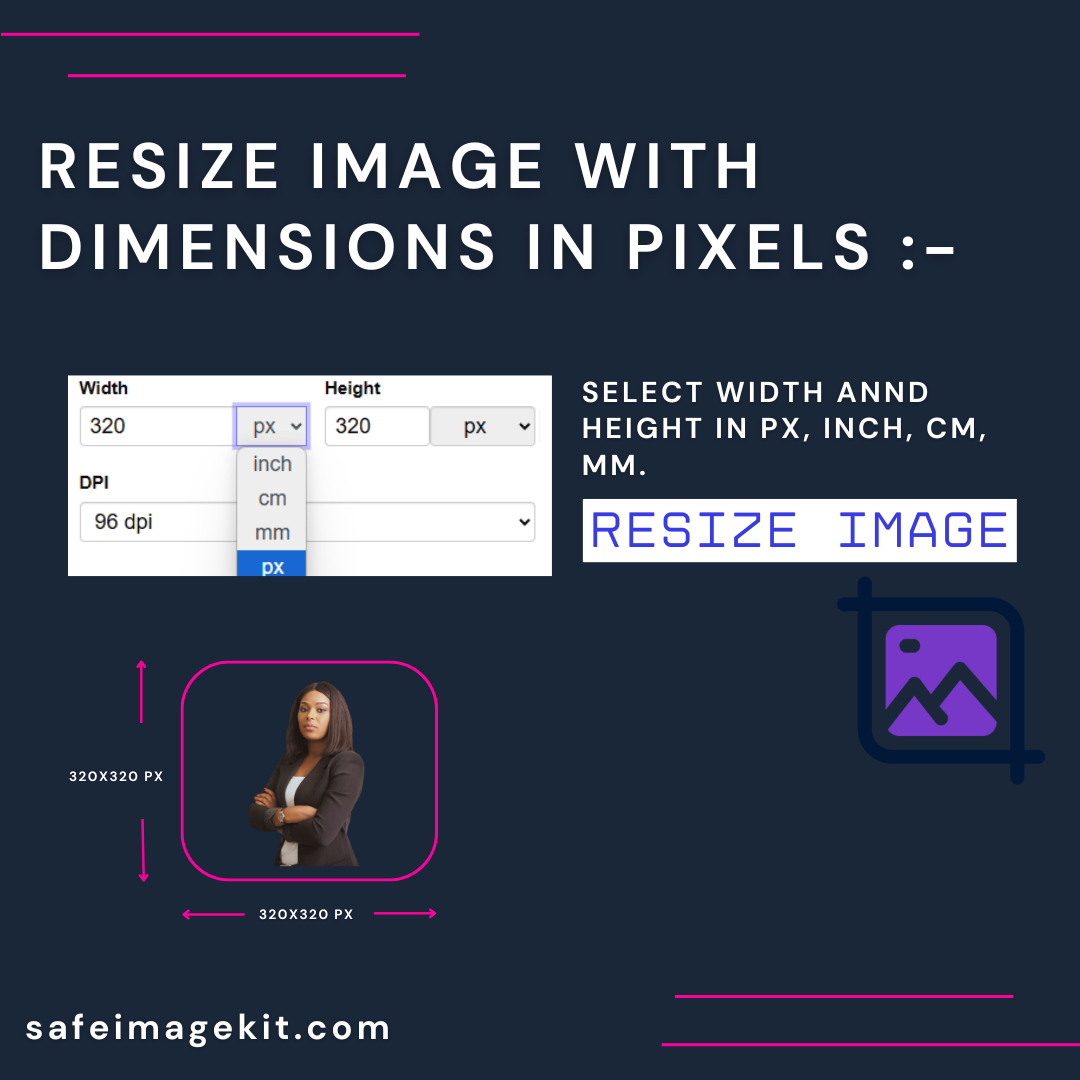 Resize image using pixel, inch, cm, or mm units with DPI control.