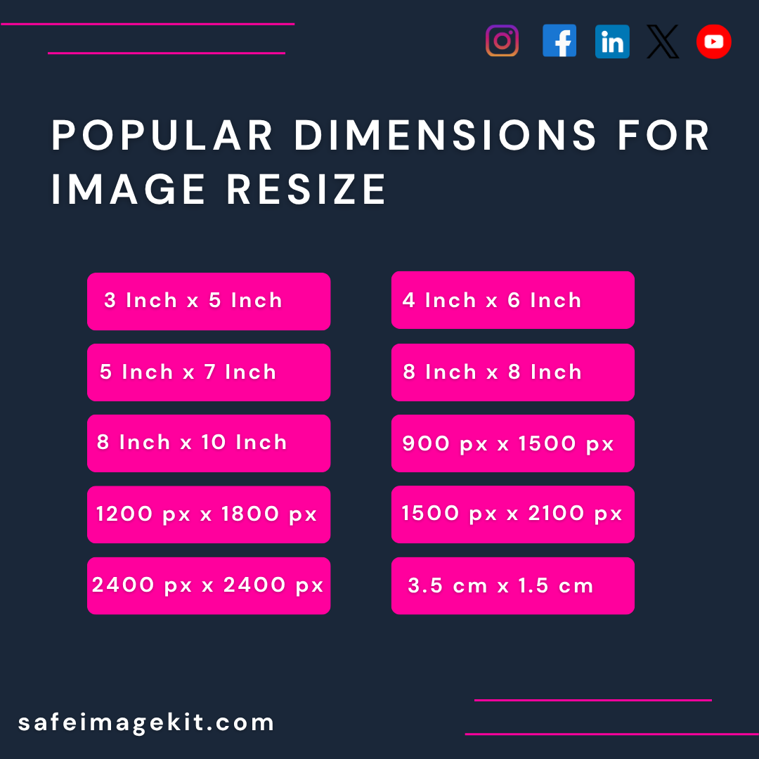 List of popular image resize dimensions in pixels, inches, and centimeters.