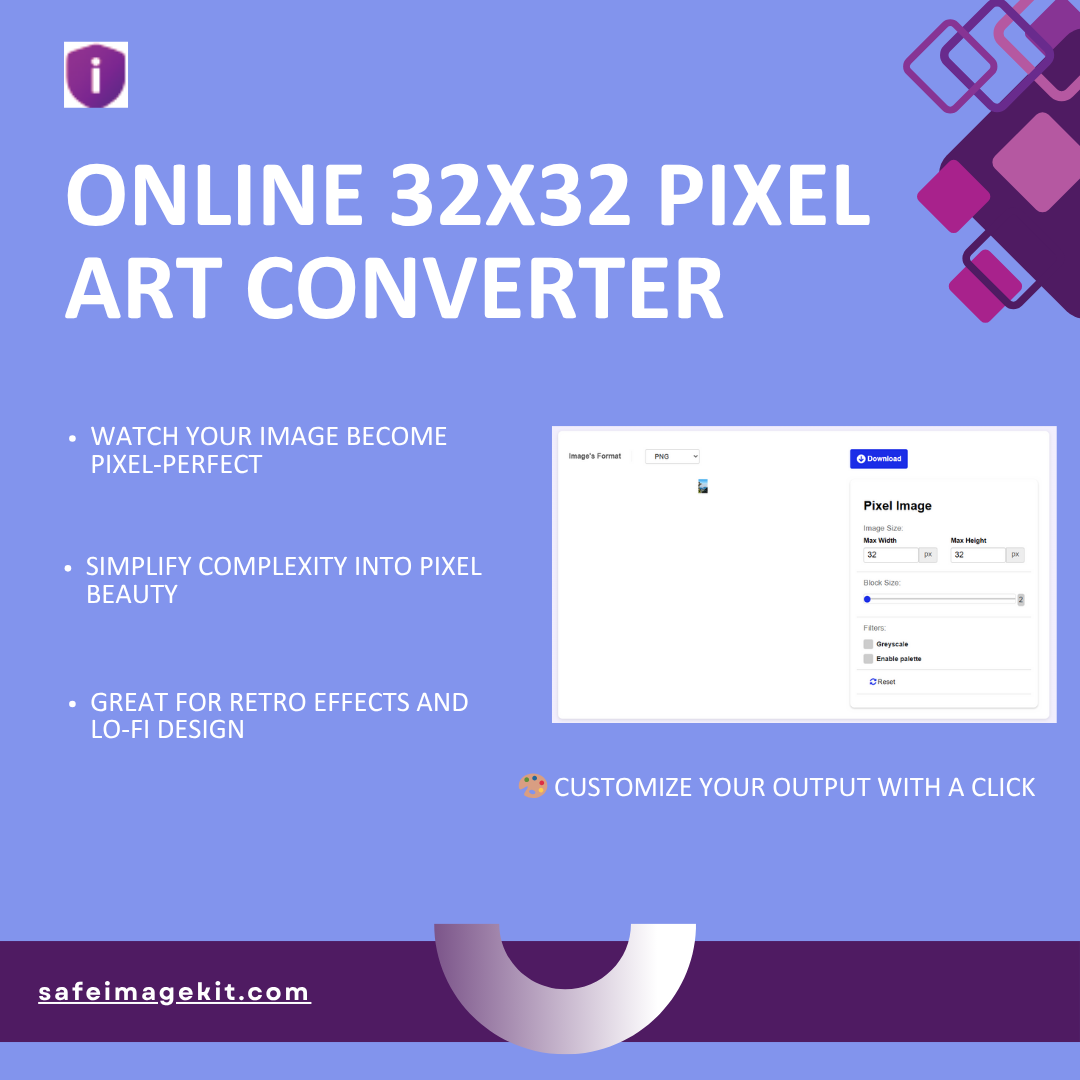 Convert images into 32x32 pixel art online with retro and lo-fi style options.