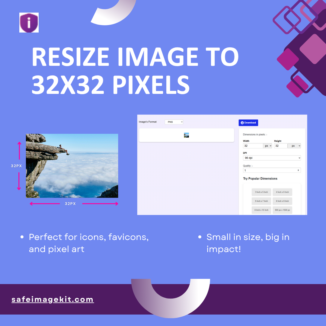 Resize image to 32x32 pixels online for icons, favicons, and pixel art.