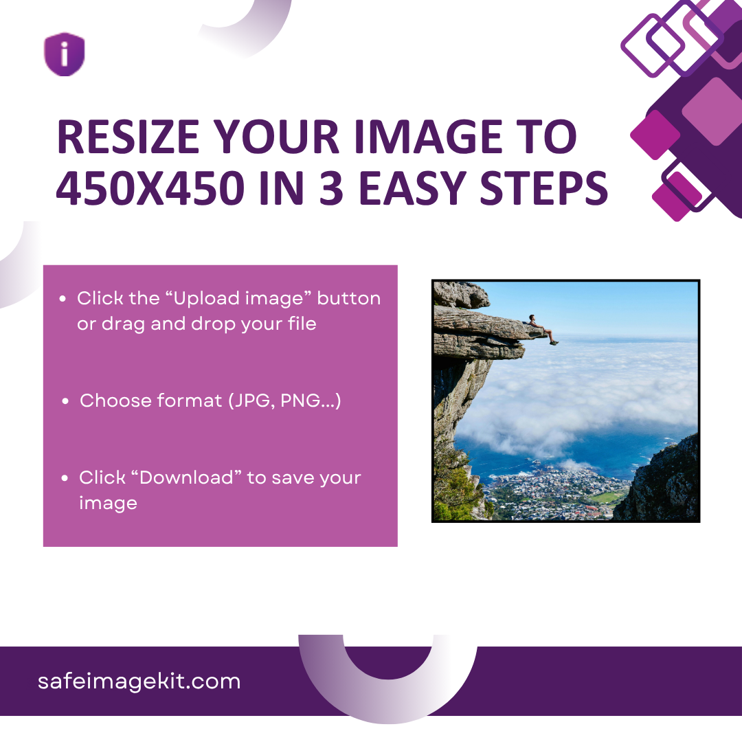 Step-by-step guide to resizing an image to 450x450 pixels.